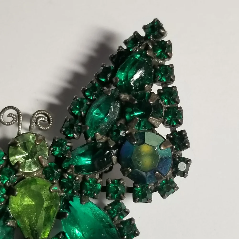 Vintage butterfly brooch green rhinestones pin moth insect bug jewelry p…